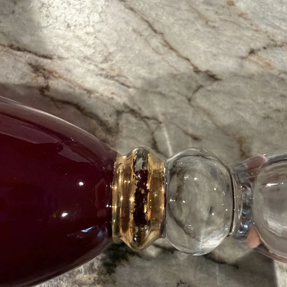 Vtg 4 RUBY RED Wine Glasses‎ champagne Clear Stem Gold Plated Neck.  9